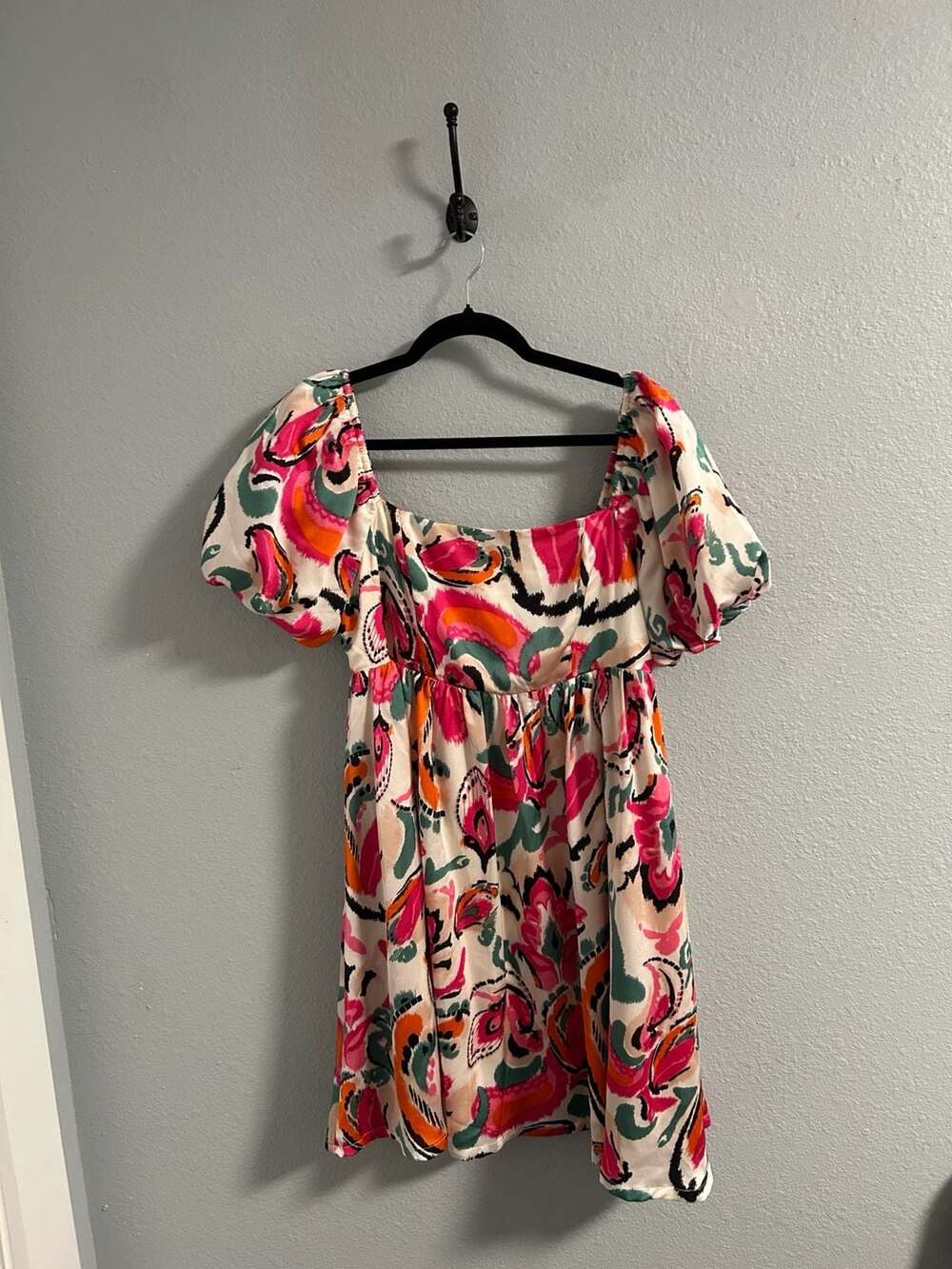TCEC Multicolor Abstract Print Square Neck Puff Sleeve Mini Dress Size L